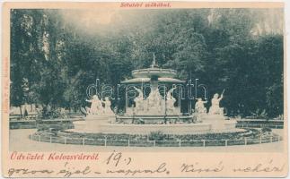 1899 Kolozsvár, Sétatéri szökőkút, kiadja Kováts P. fiai / park, fountain (vágott / cut)
