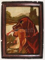 Vadászkutya, keretezett gobelin hímzés (hátoldalán felirattal), 22x31 cm