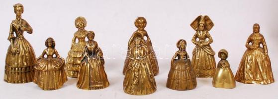 Antik figurális csengő készlet, bronz, jelzés nélkül, összesen:10 db, m:6-15 cm