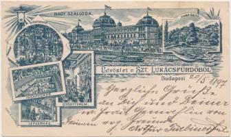 1897 Budapest II. Szent Lukács fürdő, Forrás tó, Iszapfürdő, Gyógyterem, lépcsőház, gyógyudvar, belső, Art Nouveau (EB)