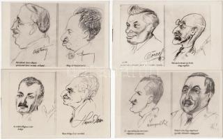 35 db RÉGI használatlan humoros grafikai karikatúra (mérnök tanárok (?) motívumlapok, szignózott / 35 old unused humorous caricature graphic motive cards, artist signed