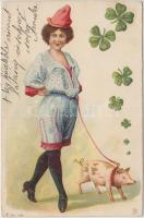 Lady walking a pig; litho (EB)