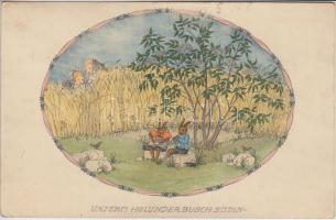 Unter'm Holunderbusch sitzen zwei Hasen... litho, M. Munk Nr. 1144. s: Mela Koehler