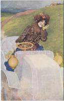 Car driving lady, Raphael Tuck & Sons, Oilette 2709. s: Raphael Kirchner