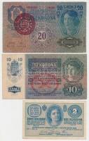 1913. 20K II. kiadás piros "MAGYARORSZÁG" felülbélyegzéssel + 1914. 2K "C" sorszámjel + 1915. 10K T:III