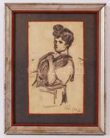 Pór Bertalan (1880-1964): Ülő lány. Ceruza, papír, foltos, restaurált szakadással, jelzett, 19×11 cm