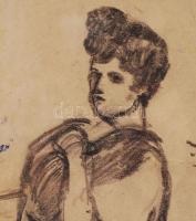 Pór Bertalan (1880-1964): Ülő lány. Ceruza, papír, foltos, restaurált szakadással, jelzett, 19×11 cm