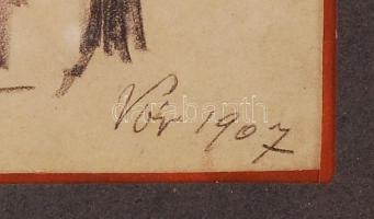 Pór Bertalan (1880-1964): Ülő lány. Ceruza, papír, foltos, restaurált szakadással, jelzett, 19×11 cm