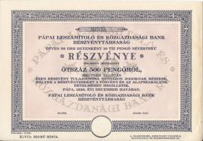 Pápa 1926. "Leszámítoló és Közgazdasági Bank Részvénytársaság" részvénye 500P-ről, szárazpecséttel T:I-