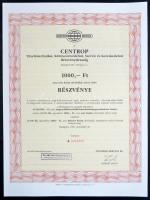 Budapest 1991. "CENTROP Tüzeléstechnikai, Környezetvédelmi, Szerviz és Kereskedelmi Részvénytársaság" részvénye 1000 Ft-ról és 2000Ft-ról, mindkettő szelvényekkel + dolgozói részvény 1000Ft-ról, szelvényekkel T:I