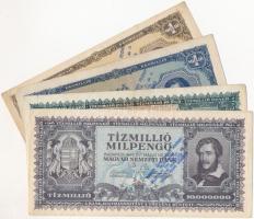 1945. 1.000.000P + 10.000.000P + 1946. 1.000.000MP +  10.000.000MP mindegyik "Kossuth Lajos érmeken, pénzeken emlékkiállítás Salgótarján 1994. szept. 27. - okt. 15. Magyar Éremgyűjtők Nógrád Megyei Szervezete" felülbélyegzéssel T:II-,III