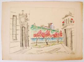 Mannheim Róza (1880-1965): Piarista ucca. Akvarell, papír, jelzés nélkül, 24×34 cm