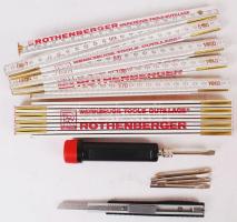 Kis barkács készlet: 1 db fém tapétavágó, 1 db 5 részes csavarhúzó, 2 db 2 m-es Rothenberger fa zollstock