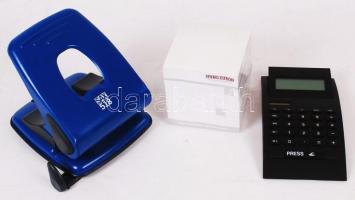 Kis iroda készlet: 1 db Sax 518 irodai lyukasztó eredeti dobozában, 1 db asztali számológép, 1 db asztali írókocka