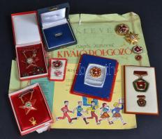 9db vegyes szocialista kitüntetés, több miniatűrrel tokban + kitöltetlen "Kisdobos emléklap" + 1978. "Kiváló Dolgozó" kitüntetés oklevele T:vegyes