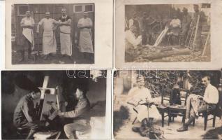 cca 1914-1918 Mesteremberek katonai szolgálatban, mészárosok, bognárok, ácsok, szabók, cipészek, 4 db fotólap, kettő feliratozva, 9x14 cm