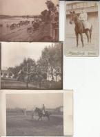 cca 1900-1910 Lovas katonák, 4 db kfl méretű fénykép, egy keményhátú vizitkártya, 6x10 cm,  8x11 cm és 9x13 cm