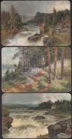 3 db háború előtti Morten Müller szignós litho tájképes művészlap / 3 lithographic landscape postcards, signed Morten Müller