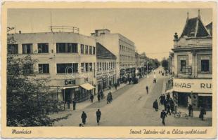 Munkács, Szent István út, Cikta palota, Farkas ruhaüzlet / street, palace, shop (EB)