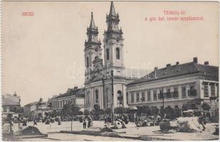 Arad, Thököly tér, Görög keleti román templom / square, Romanian Orthodox Church, market (wet damage)