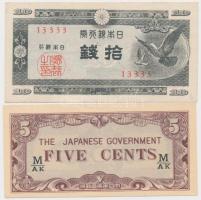 Japán 1947. 10S + Malaya/Japán megszállás 1942. 5c T:II-,I- Japán 1947. 10 Sen + Malaya/Japanese occupation 1942. 5 Cents C:VF,AU Krause 84., M2