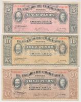 Mexikó/Forradalmi/Chihuahua 1915. 5P + 10P + 20P kék, fekete, piros csipkés bélyegző a hátlapon T:II-,III Mexico/Revolutionary/Chihuahua 1915. 5 Pesos + 10 Pesos + 20 Pesos blue, black, red scalloped treasury seal on back C:VF,F