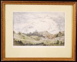 Gross Arnold (1929-): Segesvári táj. Színezett rézkarc, papír, jelzett, üvegezett keretben 19×30 cm