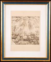 Barcsay Jenő (1900-1988): Szántóföldek. Rézkarc, papír, jelzett, üvegezett keretben, 22×15 cm
