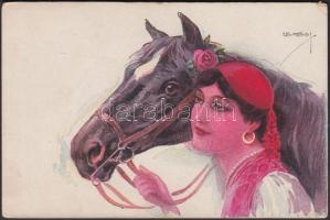 Italian art postcard, lady with horse 'Erkal No. 328/1' s: Usabal (EK)