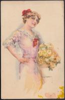 Hölgy virágokkal, s: Usabal, Italian art postcard, lady with flowers s: Usabal