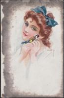 Italian art postcard, lady with bird s: Usabal (EK)
