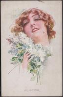 Hölgy virággal, olasz művészeti képeslap s: Usabal, Italian art postcard, lady with flowers s: Usabal