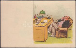 Man on the telephone, humour, hold to light litho