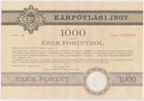 Budapest 1991. "Országos Kárrendezési és Kárpótlási Hivatal" kárpótlási jegye 1000Ft-ról, "F" sorozat, szárazpecséttel T:I-