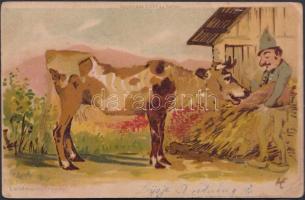 Landmannsfreude / Peasant with cow, humour, hold to light litho (EK)
