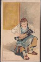 Shoeshining Cobbler, humour, hold to light litho (EK)