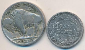 Amerikai Egyesült Államok 1919D 5c "Buffalo" + 1905. 1d Ag "Barber" T:2-,4 USA 1919D 5 Cents "Buffalo" + 1905. 1 Dime Ag "Barber" C:VF,G
