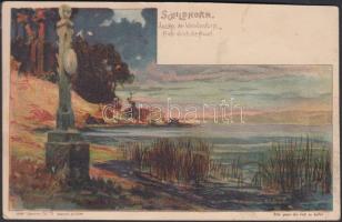 Berlin, Schildhorn, Denkmal, Jaczko der Wendenfürst flieht durch die Havel, hold to light litho (EK)