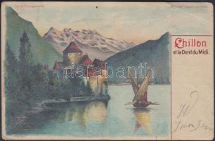 Veytaux, Chateau de Chillon, Dents du Midi / castle, mountain, hold to light litho (fa)