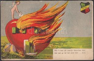 Heart shaped house on fire, angel, humour, hold to light litho (wet damage)