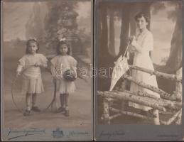 cca 1900-1930 Erdélyi fotótörténeti leletek, Székelyudvarhely, Kolozsvár, Nagyszombat, Nagyszeben, Boksánbánya, Buziásfürdő fotóműtermeiben készült kabinetfotók, 6 db keményhátú fénykép, 16x10 cm