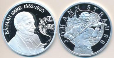 A Magyar Pénzverő és a Münze Österreich közös kiadványa: 2008. "Kálmán Imre - Csárdáskirálynő" és "Johann Strauss - A Denevér" Ag(0.999) (20g/40mm) eredeti operett CD-vel T:PP Csak 700-1000db, tanúsítványokkal! Austria-Hungary coin pair: 2008. "Imre Kálmán-Csárdásfürstin" and "Johann Strauss-Die Fledermaus" Ag(0.999) medallion (20g/40mm) in original box with operetta CD C:PP With certificates