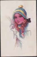Italian art postcard, lady with hat 'Erkal Nr. 343/4.' s: Usabal (EB)