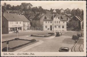 Zella-Mehlis, Carl Walther Platz, Aug. Müller Nachf., Gaststätte Deutsches Haus / square, shop, hotel, automobiles