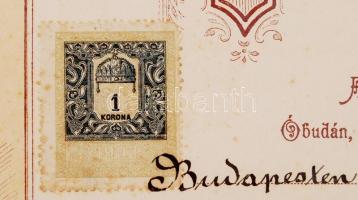 1907 Bp., Az Óbudai Hajógyár intézősége által kiadott díszes tanonclevél okmánybélyeggel