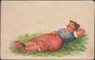 Sleeping peasant woman, cow, humour, hold to light litho (b)