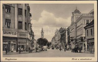 Nagykanizsa, Fő út, városháza, Weiszfeld és Grünfeld üzlete, kávéház, autó (EK)