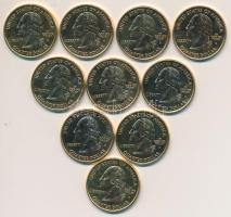 Amerika Egyesült Államok 1999-2006. 1/4$ klf aranyozott! emlékkiadások (10x) T:1 USA 1999-2006. Quarter Dollar, different gilt! commemorative coins (10x) C:UNC