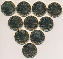 Amerika Egyesült Államok 1999-2005. 1/4$ klf aranyozott! emlékkiadások (10x) T:1 USA 1999-2005. Quarter Dollar, different gilt! commemorative coins (10x) C:UNC