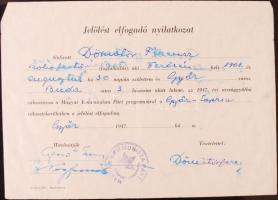 1947 A Magyar Kommunista párt jelölést elfogadó nyilatkozata Gerő Ernő és Nagy Ferenc saját kezű alá...